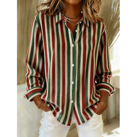 Women Striped Long Sleeve Shirt Spring/Fall Buckle Shirt Collar Regular Sleeve Daily Casual Top