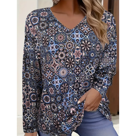 Women's Floral Long Sleeve Tee T-shirt V Neck Printing Casual Spring/Fall Graphic Tee Top