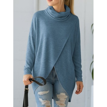 Women Plain Long Sleeve Tee T-shirt Mock Neck Asymmetric Casual Spring/Fall Top